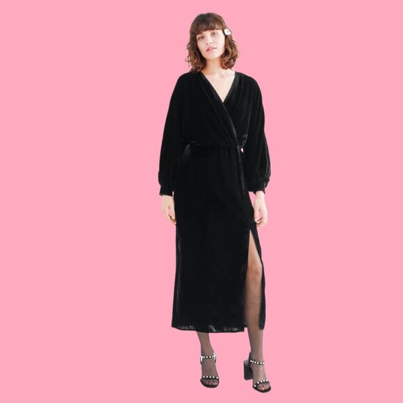 Whimsy Goth Witchcore Black Velvet Wrap Dress - Picture 3 of 4